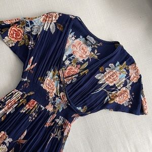 Navy floral print long dress with slits